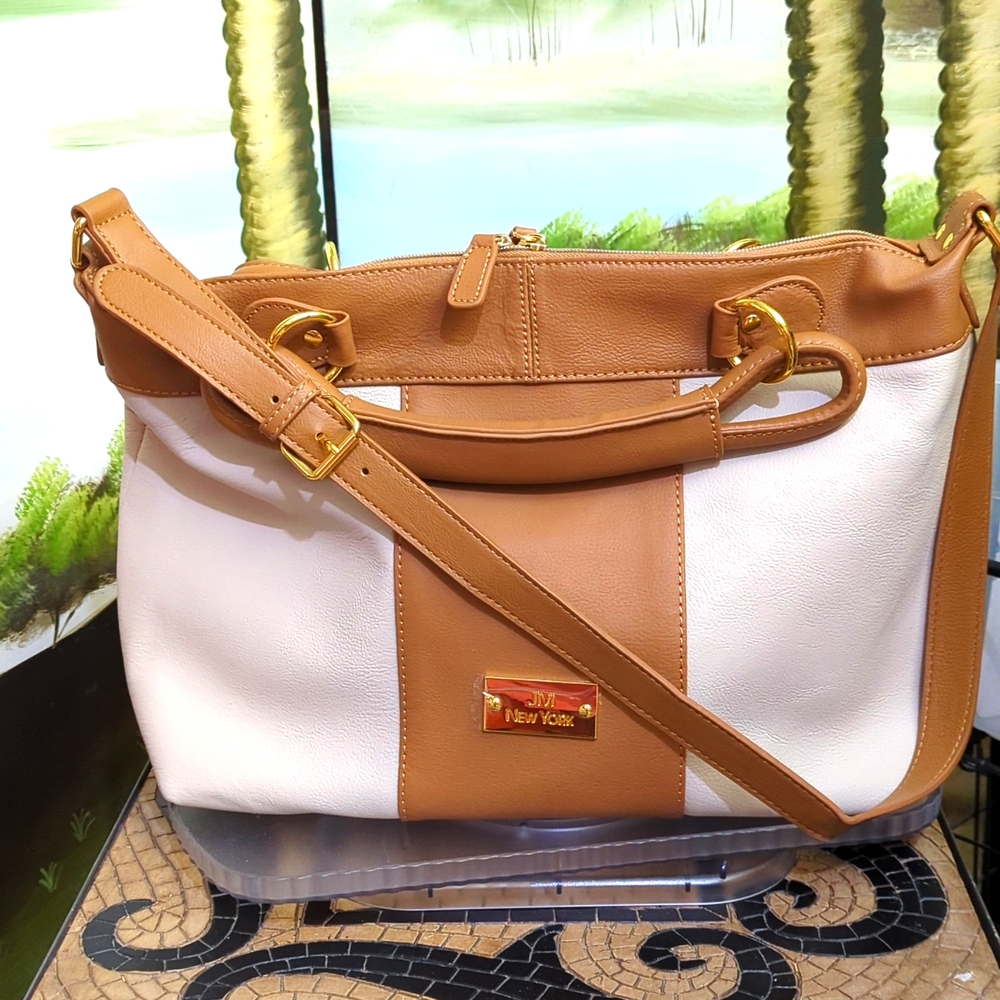New Joy Mangano Elegant Leather Tan and Cream Women's Bag